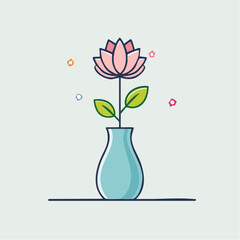 Minimalist Pixel Art Illustration Of A Pink Lotus Flower In A Blue Ceramic Vase With Green Leaves And Small Colorful Sparkles On A Light Gray Background