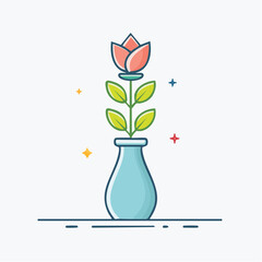 A single pink rose plant with green leaves blooms in a light blue vase on a white background with colorful sparkling stars and lines