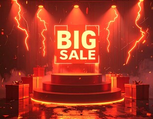 3D Render of Stage Podium with Big Sale Text and Dramatic Lighting