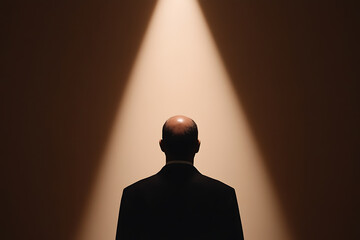 A man stands under a spotlight, his back to the viewer, silhouetted against the light. The lighting creates a sense of mystery, as the man's identity and intentions are obscured.