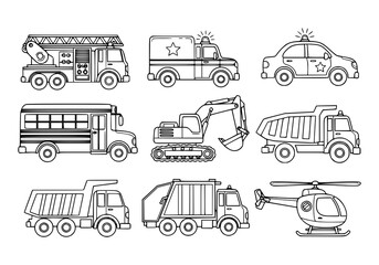 Line art vehicles illustration featuring firetruck, ambulance, police car, school bus, excavator, dump truck, garbage truck, and helicopter for creative projects © irawan