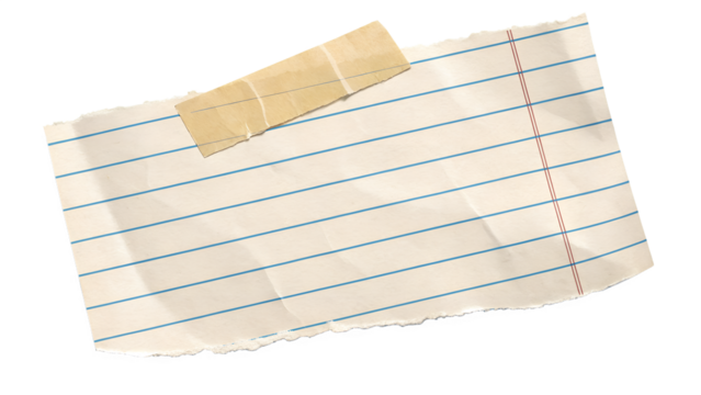 Add a touch of authentic vintage charm with this realistic torn lined notebook paper with tape, perfect for creative projects, digital scrapbooking, or adding texture to your designs