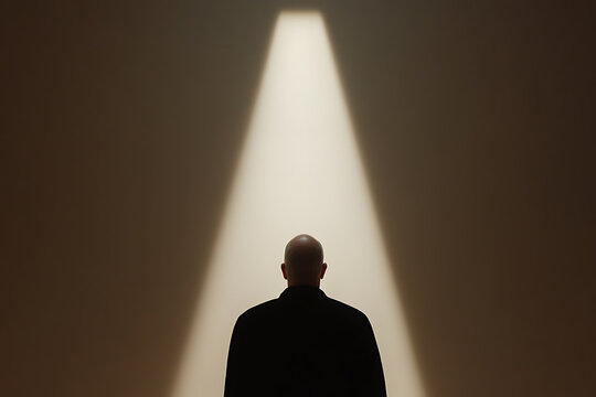 A bald man stands in darkness, bathed in a single, powerful spotlight. The scene is stark, focusing attention on the figure and the dramatic illumination. The image evokes mystery.