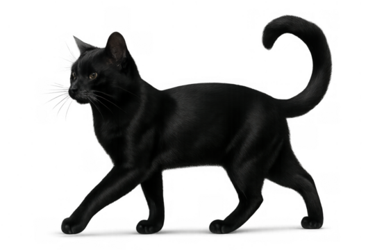 Black cat moving confidently, walking with elegance, animal mascot, symbol of mystery and good luck, transparent background