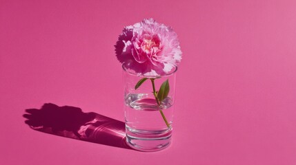 Pink flower in clear glass with water against a vibrant pink background showcasing elegance and simplicity