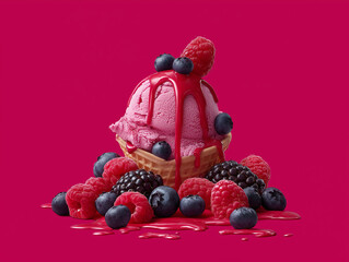 Pink ice cream with mixed berries and dripping red sauce
