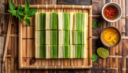 Arrangement of Rectangular Indian Chandrakala Sweets with Sugar Glaze and Khoya Filling Presented on a Bamboo Tray with Mint Leaves and Dipping Sauces