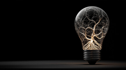 Glowing light bulb with branching roots inside dark background