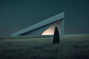 Mysterious figure standing near modern minimalist building at night