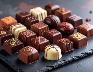 Assorted Chocolate Pralines and Truffles With Various Toppings And Decorations Arranged On A Dark Stone Surface