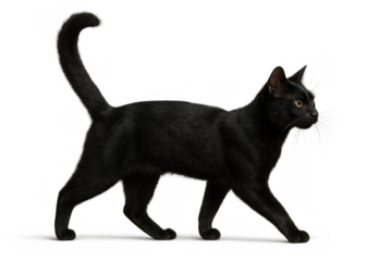 Black cat walking side profile with tail up, a domestic feline pet isolated on transparent background