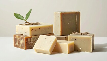 Assortment Of Natural Handmade Soaps With Botanical Ingredients And Earth Tones Arranged On A Light Surface With Soft Morning Light