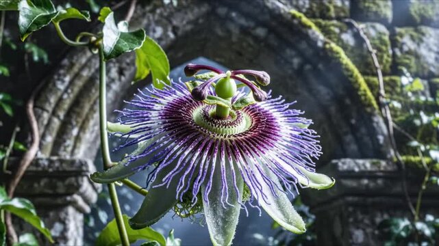 Purple passionflower with intricate petals and green tendrils