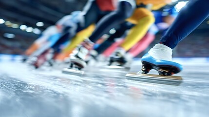Speed skaters propelling across the ice rink, feet and blades blurred with motion, creating a dynamic sense of speed and intense competition in a winter sport