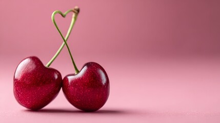 Sweet red cherries shaped like hearts on a soft pink background add a romantic touch to any setting