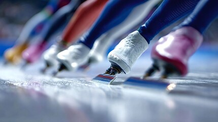 Speed skaters in brightly colored suits and sharp blades are starting a high speed race on a frozen ice rink, creating a sense of action and competition in winter sport