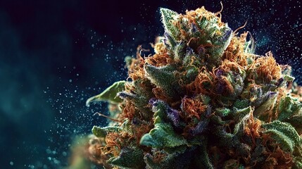 Fototapeta premium Cannabis bud showing abundant frosty trichomes and vibrant orange pistils, highlighting the plant's potent cannabinoids and terpenes for medicinal or recreational use