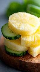A refreshing stack of fresh pineapple slices and cucumber on a wooden board, ready for a healthy snack. The vibrant colors and textures create an appetizing display.