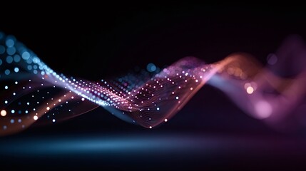 Abstract glowing particle wave forming a flowing data stream that visualizes technology, connectivity and communication with vibrant blue, pink and purple motion effects