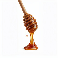 Golden honey dripping from wooden dipper on white background