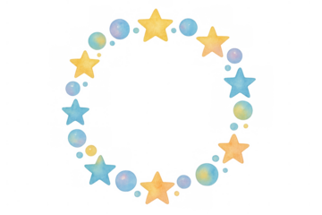 Watercolor stars and circles forming a festive round frame with a playful design on transparent background