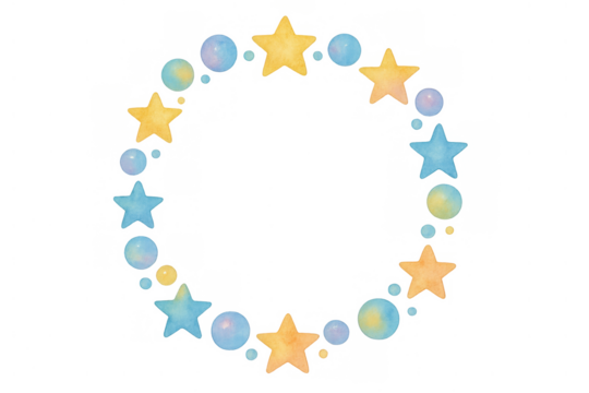 Watercolor stars and circles forming a festive round frame with a playful design on transparent background