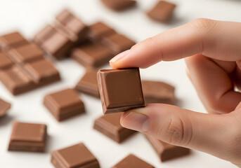 Hand holding chocolate pieceChocolates scattered on surface Close-up of hand lifting a single chocolate cube with blurred background