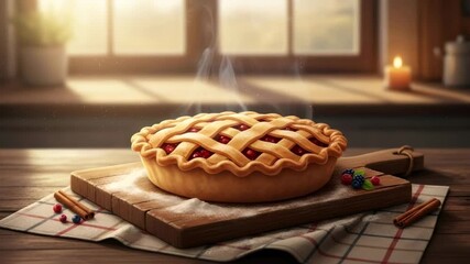 Steaming thanksgiving pie on a wooden board. Warm dessert in a cozy home kitchen setting, perfect for holiday celebrations footage. - Powered by Adobe