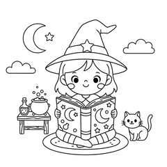 Naklejka premium A cartoon witch reads a book with a cat cauldron and celestial elements