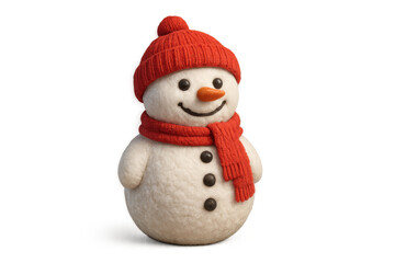 Cute felt snowman wearing red hat and scarf smiling, celebrating winter and holiday season, transparent background