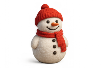 Cute felt snowman wearing red hat and scarf smiling, celebrating winter and holiday season, transparent background