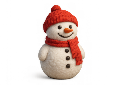 Cute felt snowman wearing red hat and scarf smiling, celebrating winter and holiday season, transparent background