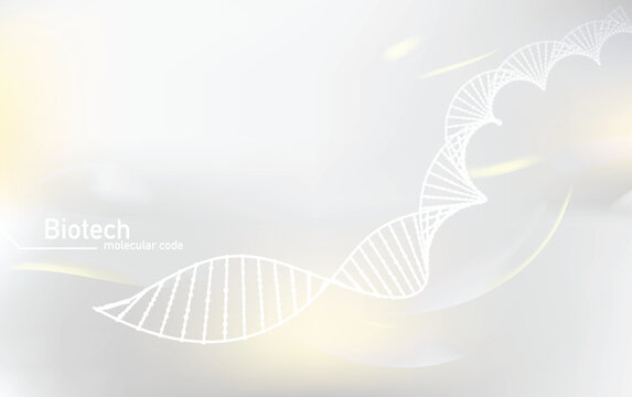 A white abstract DNA helix structure glows against a light gray background with subtle yellow light streaks and the word Biotech in the corner.