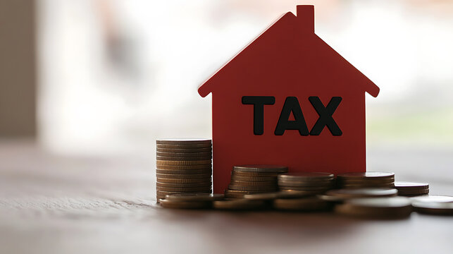 Image of a red house figure with the word "TAX" written on it, surrounded by stacks of coins, illustrating property taxes, financial planning, and homeownership costs.