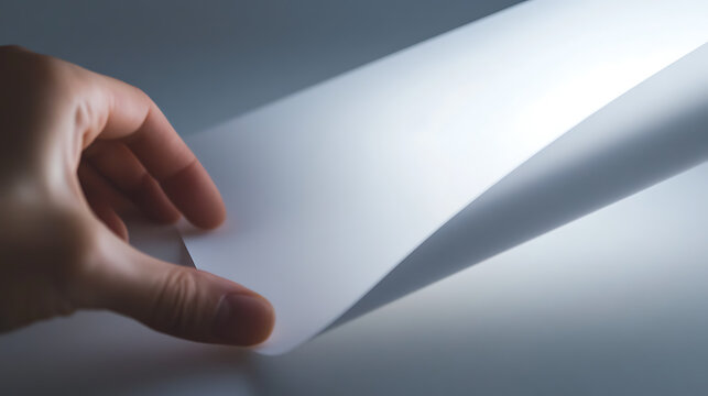 Hand gently turning a crisp white sheet, revealing smooth paper surface underneath, creating a subtle interplay of light and shadow, inviting curiosity & exploration.