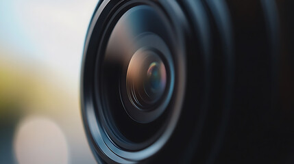 Close-up of a camera lens with visible reflections and depth of field. Professional optics showcase precision engineering, capturing details with clarity and accuracy.