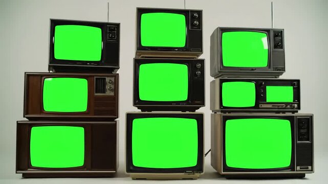 Classic Tube TV Setup with ten old tvs turning on green screens stacked vintage live retro television screen display taken zoomout shot distortion, overlay, glitch, static noise, scan lines black