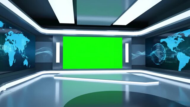 Low Angle Architectural View with 3d virtual news studio green screen background distortion, overlay, glitch, static noise, scan lines on black background, 4k animated video loop