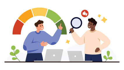 Two colleagues discuss high performance results with laptops, colorful gauge, magnifying glass, and thumbs up icon, representing teamwork and productivity isolated on white background vector