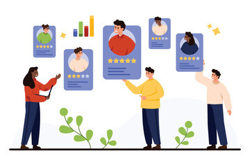 Human resources professionals reviewing candidate profiles and performance ratings for recruitment, talent management, and employee evaluation process, isolated on white background vector illustration