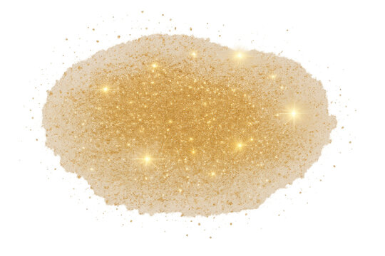 Golden glitter dust forming an abstract texture, sparkling particles creating a shimmering brush stroke. Background transparent