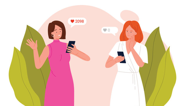 Two women compare social media likes, one happy with high popularity, the other envious with zero likes, highlighting online comparison and emotions, vector illustration