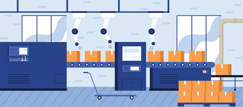 Automated factory interior featuring robotic arms, conveyor belt, and cardboard boxes in a clean industrial setting for manufacturing and logistics concepts vector illustration