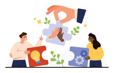 Business teamwork concept with diverse people assembling puzzle pieces representing ideas and collaboration, showing partnership and cooperation isolated on white background vector illustration
