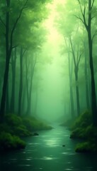 Mystical green forest with a serene stream and sunbeams