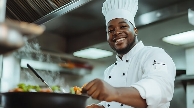 Smiling chef cooking in a professional kitchen.  Chef is wearing a white uniform. He is stirring a pan of colorful vegetables with steam rising. A portrait of culinary passion.