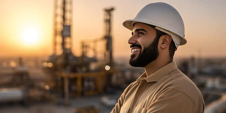 Smiling engineer in hard hat overlooking construction site at sunset. Engineering worker satisfied with progress and quality control. Career success in manufacturing. - Powered by Adobe