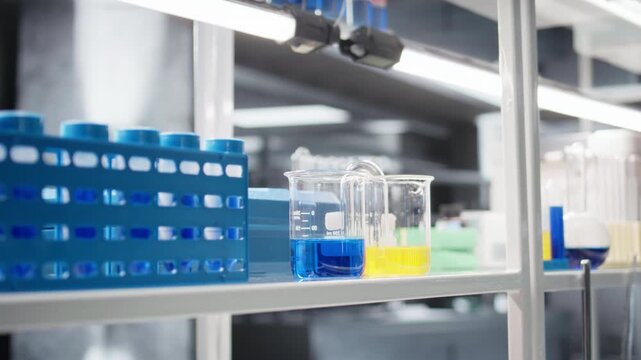 Close up of laboratory glassware filled with blue and yellow reagents arranged on research workspace shelf. Cylinders and flasks with chemical fluids used for experiments in lab, panning shot