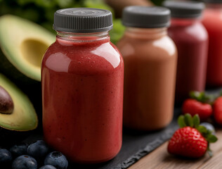 Assortment of vibrant smoothies in glass bottles, showcasing an array of fresh fruits like strawberries and blueberries, paired with avocado for a healthy treat.