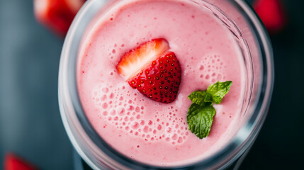 Indulge in the goodness of a strawberry smoothie, blended to perfection and garnished with fresh mint. A refreshing treat to brighten your day! #StrawberryDelight #HealthySips